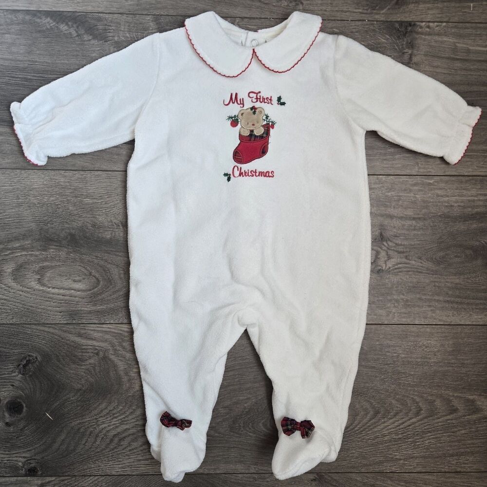Vintage 90s Bright Future 0-3M My First Christmas Fleece Sleeper Footie Bear Y2K
